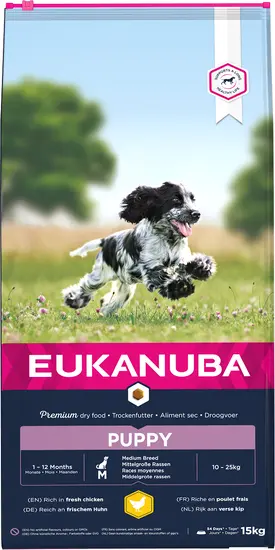15KG Eukanuba dog puppy medium breed kip Hondenvoer