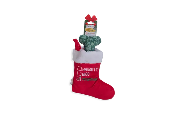 Beeztees kerstsok met bot rood/ wit hondenspeelgoed - afbeelding 1