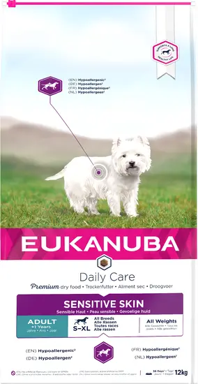 Eukanuba dog daily care adult sensitive skin all breeds 12 kg Hondenvoer