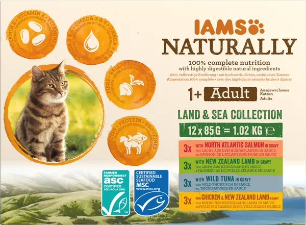 Iams naturally cat adult land&sea collection 12x85 gram Kattenvoer