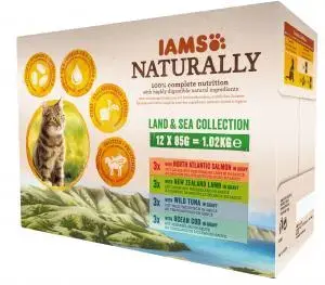 Iams naturally cat adult land&sea collection 12x85 gram Kattenvoer