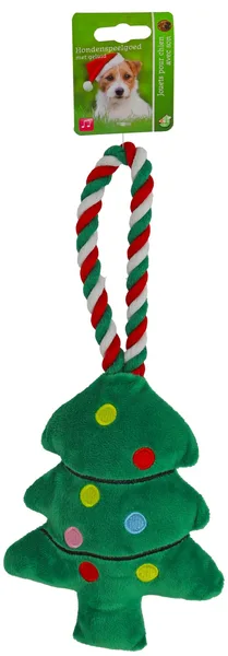 Kerstboom&floss touw groen/rood 35cm met piep hondenspeelgoed - afbeelding 1