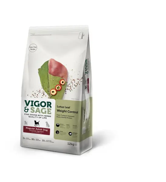 Vigor&Sage dog adult regular weight control Lotus leaf 12 kg hondenvoer