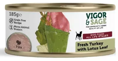 Vigor&Sage dog wet turkey lotus leaf 185 gram hondenvoer